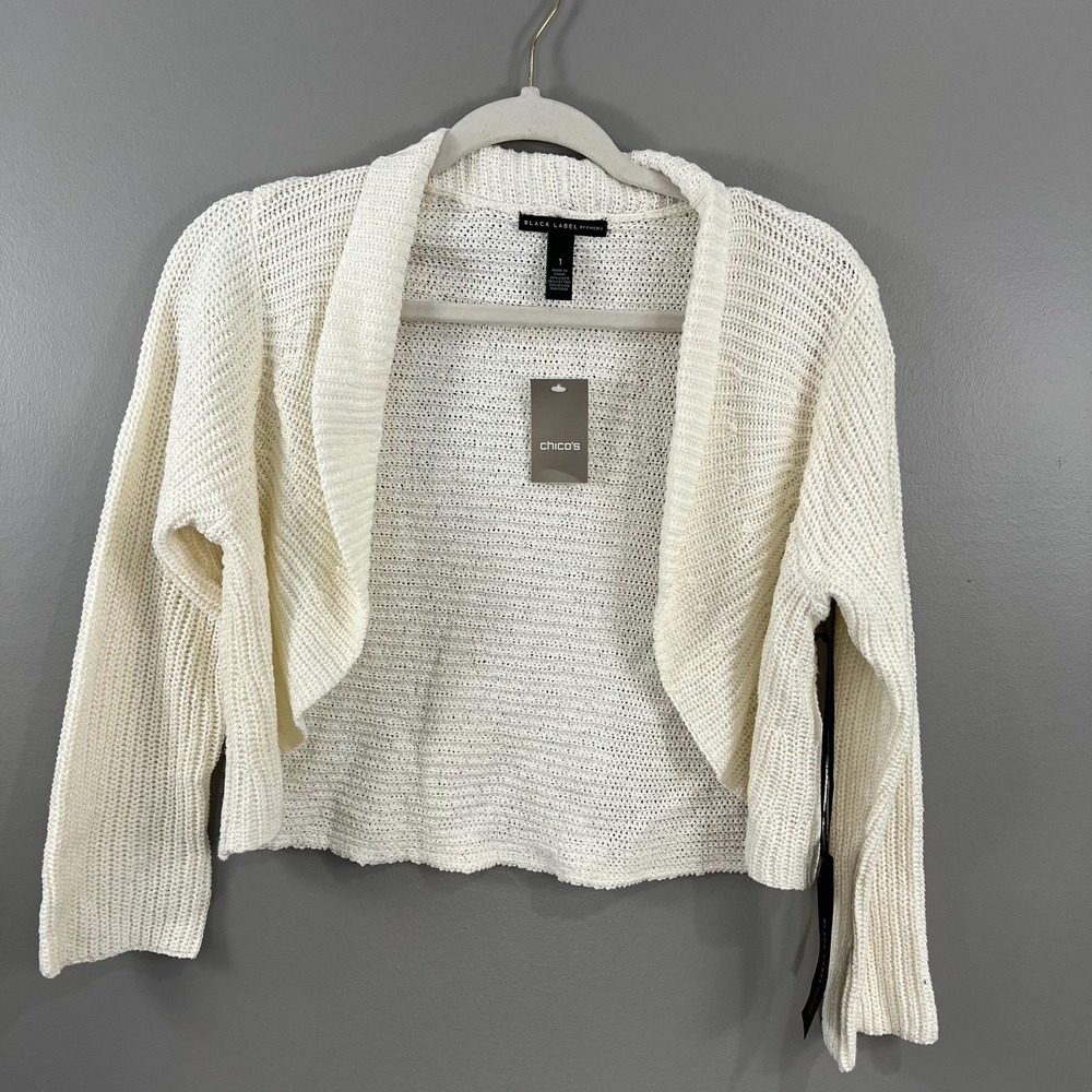 Black Label by Chicos Sz 1 NWT Ivory Cropped Sweater Shrug Cardigan  Linen Blend